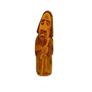 Vintage Carved Wood Folk Art Old Man Wiseman Monk Shepard Hand Carved 10" tall